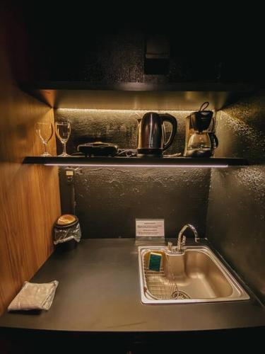 伊格雷日尼亞的住宿－Lux，厨房柜台设有水槽和带水槽的架子。