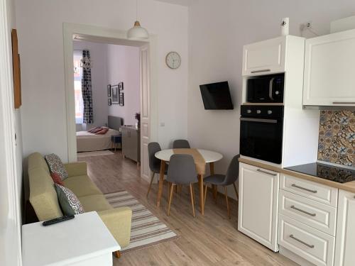 Il comprend une cuisine et un salon avec une table et un canapé. dans l'établissement Charming Central Apartments, à Cluj-Napoca