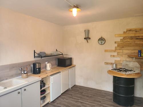 eine Küche mit einer Theke mit einer Mikrowelle und einer Spüle in der Unterkunft Les roulottes du Moulin de Palet 