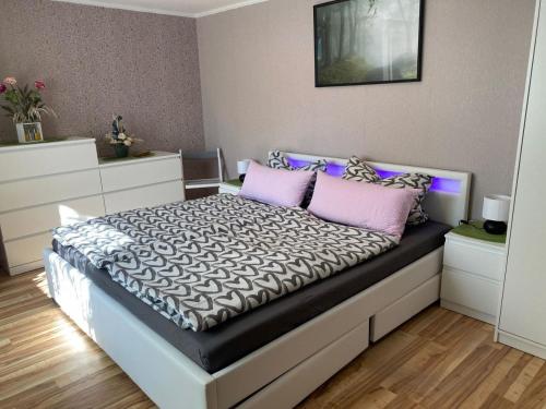 een slaapkamer met een bed met paarse en paarse kussens bij Ferienwohnung Weißenfels Fam Fricke in Weißenfels