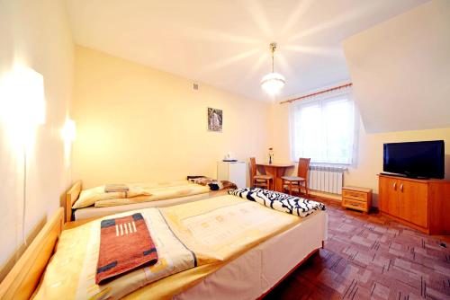 a room with two beds and a television in it at ŁÓDZKI DOM TURYSTYCZNY-ŁÓDŹ Helenówek,F-VAT,DLA NIEPALĄCYCH, Parking gratis tylko auta osobowe in Łódź