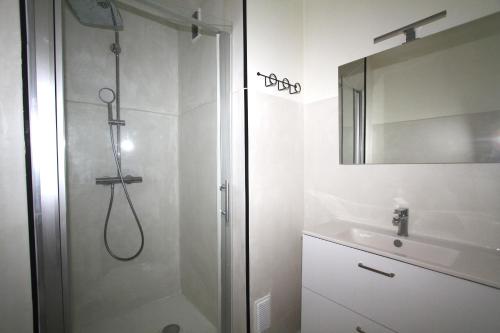 uma casa de banho com um chuveiro e um lavatório. em appartement 2 pieces avec parking et vue sur la marina em Canet-en-Roussillon