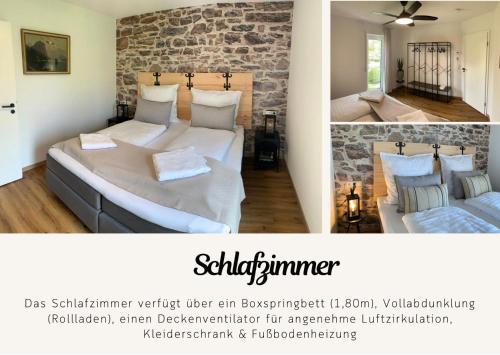 een slaapkamer met 2 bedden en een stenen muur bij Stilvolles Ferienapartment am Thermalbad mit Blick in die Natur in Bad Saulgau