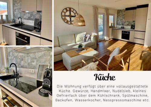 uma colagem de fotos de uma cozinha e uma sala de estar em Stilvolles Ferienapartment am Thermalbad mit Blick in die Natur em Bad Saulgau