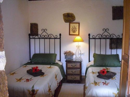 1 dormitorio con 2 camas individuales y lámpara en Your Island Finca El Picacho A, en Tegueste