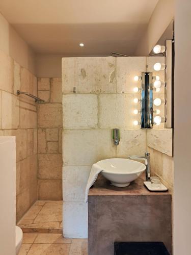 a bathroom with a sink and a shower at Hostellerie Le Paradou in Lourmarin