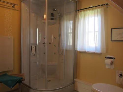 a bathroom with a shower and a sink at Koras Dachkammer in Ribnitz-Damgarten