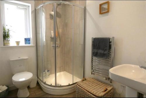 a bathroom with a shower and a toilet and a sink at Beautiful 4-Bed House with countryside views in Haverfordwest