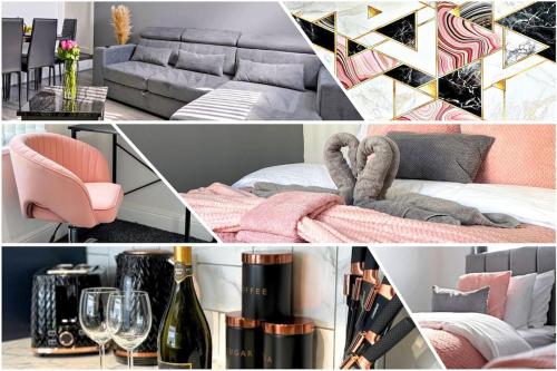 a collage of pictures of a room with a couch and a bed at Masterson House By RMR Accommodations - NEW - Sleeps 9 - Modern - Parking - Central in Stoke on Trent