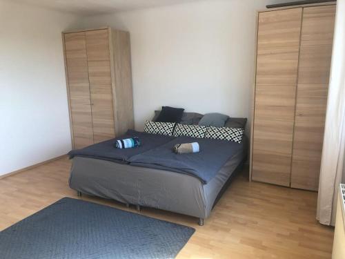 1 dormitorio con 1 cama y 2 armarios de madera en Traumausblick auf ganz Wien - nur für Dich Alleine, en Perchtoldsdorf