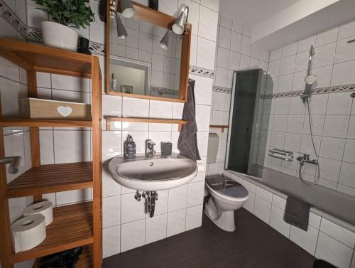 a bathroom with a sink and a toilet at Gemütliche Ferienwohnung für 2 in Bad Soden-Salmünster