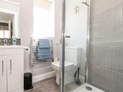 a white bathroom with a toilet and a shower at Beachside in Prestatyn