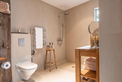 a bathroom with a toilet and a shower at Luxury Lakefront villa, infinity hot tub and sauna in Grímsnes og Grafningshreppur