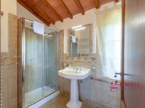 uma casa de banho com um lavatório e uma cabina de duche em vidro. em La Siepe - I Borghi Della Selvaccia em Cennina