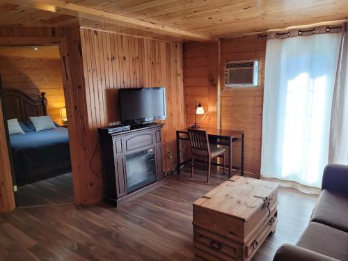um quarto com uma cama e uma televisão em Centre de Vacances 5 Étoiles Family Resort em Sacré-Coeur-Saguenay