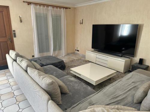 salon z dużym telewizorem z płaskim ekranem w obiekcie Les Bruyères w mieście Martigues