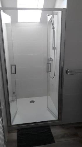 une douche avec une porte vitrée dans une salle de bain dans l'établissement T2 atypique, entièrement rénové, quartier Soulages, à Rodez