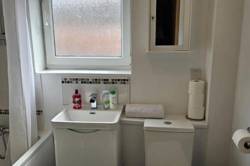 ein Bad mit einem Waschbecken, einem WC und einem Fenster in der Unterkunft A well looked after 2 bedroom flat in Sheffield