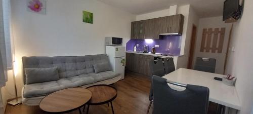 a living room with a couch and a table and a kitchen at Apartmán McVitek in Sušice