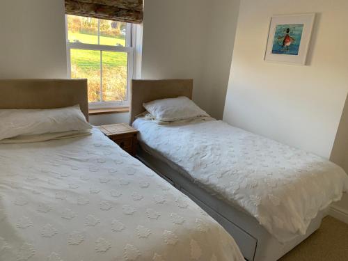 two twin beds in a room with a window at Rose Cottage in Lustleigh