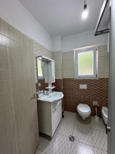 ein Bad mit einem Waschbecken und einem WC in der Unterkunft Guest House Artjon in Fierzë