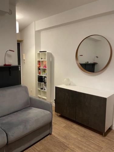 un salon avec un canapé et un miroir dans l'établissement Cosy Studio 16m2, à Lyon