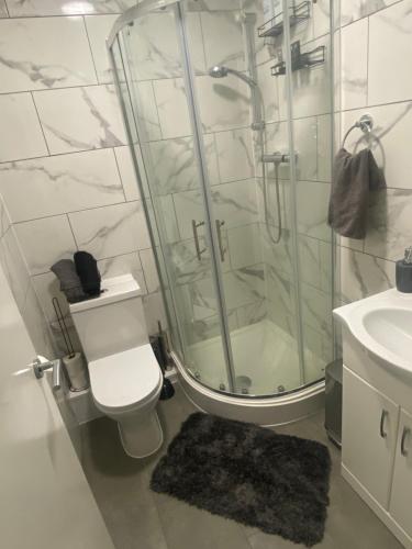 y baño con ducha, aseo y lavamanos. en Cosy Citrine Suite - en Londres