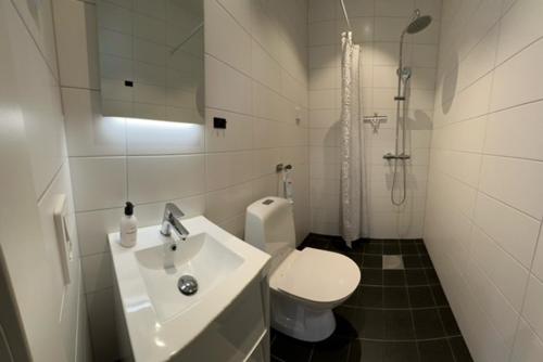 La salle de bains est pourvue de toilettes, d'un lavabo et d'une douche. dans l'établissement Dalkärret, à Norrtälje