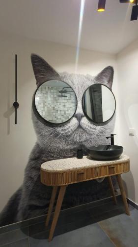 obraz kota z okularami na twarzy w obiekcie Utopia Lake View w mieście Teşila