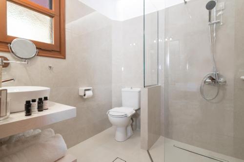 a bathroom with a shower and a toilet and a sink at Sea View Village in Vasilikos
