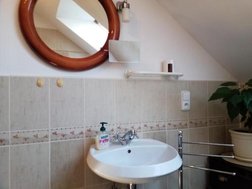 a bathroom with a sink and a mirror at Green Apartment in Františkovy Lázně