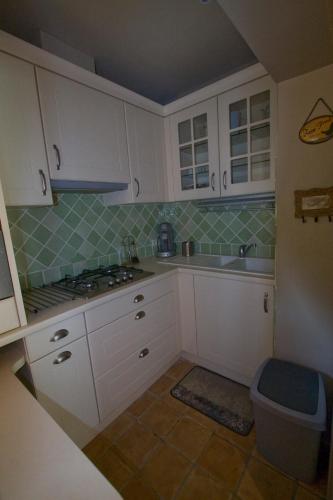 une petite cuisine avec des armoires blanches et un évier dans l'établissement La treille, à Laouque