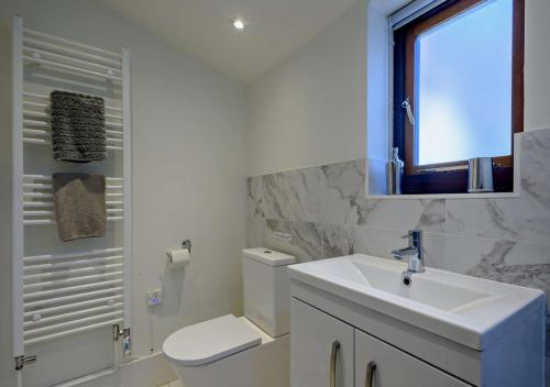 a white bathroom with a toilet and a sink at Holly Cottage in Panxworth
