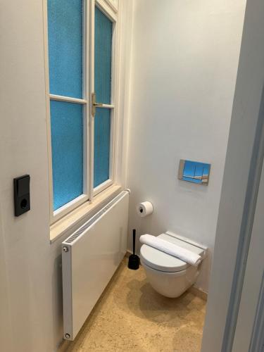 a bathroom with a toilet and a window at Kaiserin Sissi - City Apartment Downtown Vienna in Vienna