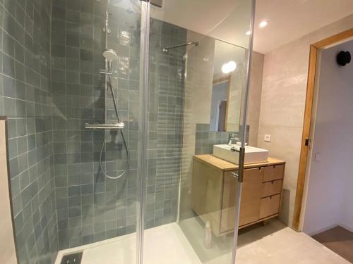 une salle de bain avec une douche en verre avec un lavabo dans l'établissement La Voie Lactée, à Villemus