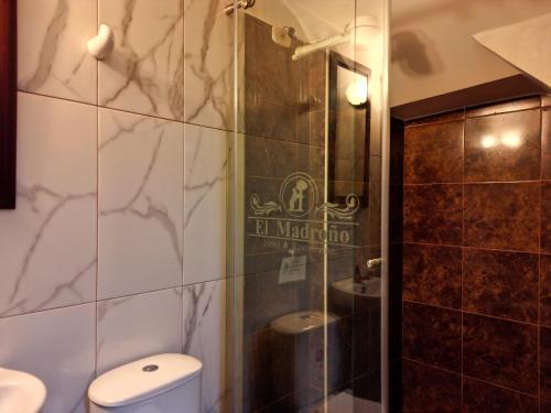 La salle de bains est pourvue de toilettes et d'une douche en verre. dans l'établissement Hotel Restaurante El Madroño Chia, à Chía