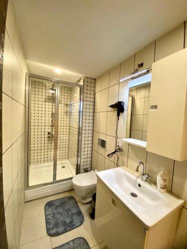a bathroom with a sink and a toilet and a shower at Hotel Customised flat Near Taksim/Nişantaşi in Istanbul