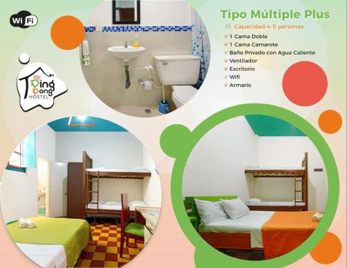 un collage de cuatro imágenes de un dormitorio y un baño en Ding-Dong Hostel, en Cali