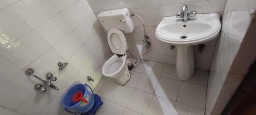 a small bathroom with a toilet and a sink at Jahangir Cottage Pahalgam in Pahalgām