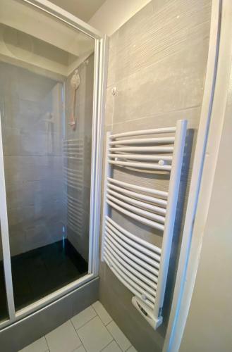 une douche avec une porte vitrée dans une salle de bain dans l'établissement Appartement grande terrasse Climatisé, au Grau-du-Roi