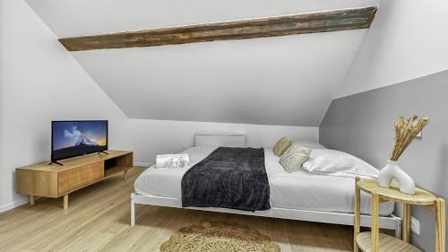 um quarto branco com uma cama e uma televisão em Homey Cream - Joli Studio/Proche Vitam Parc em Viry