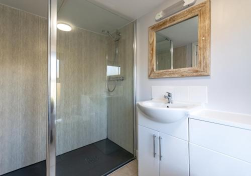 ein Bad mit einer Dusche, einem Waschbecken und einem Spiegel in der Unterkunft Riverside - Stalham in Stalham