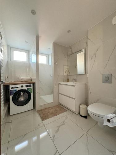 La salle de bains blanche est pourvue d'un lave-linge et de toilettes. dans l'établissement Joli appartement dans une maison remise à neuf, à Mittelhausbergen