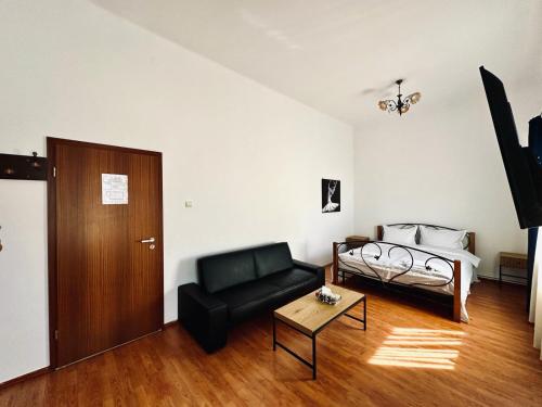 ein Wohnzimmer mit einem Bett, einem Sofa und einem Tisch in der Unterkunft Gran Gala in Baia Mare