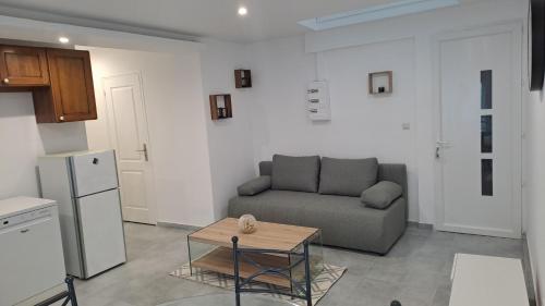 ein Wohnzimmer mit einem Sofa und einem Tisch in der Unterkunft Appartement Arago in Roanne