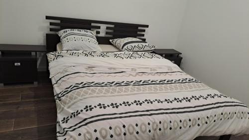 een bed met een zwart-witte deken en kussens bij Appartement Arago in Roanne