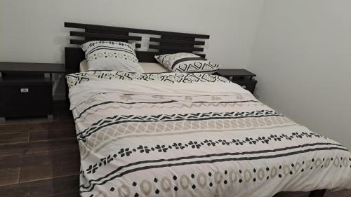 - un lit avec une couverture et des oreillers noirs et blancs dans l'établissement Appartement Arago, à Roanne
