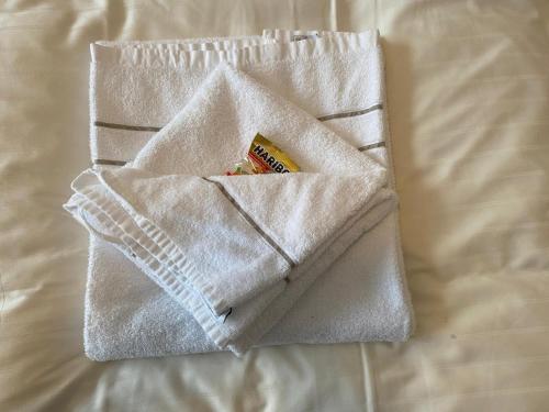 - une serviette blanche sur le lit dans l'établissement Ferienwohnung 1 Am Petersberg, à Neef