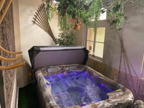a jacuzzi tub in a room with plants at La P'tite maison Les Tourelles in Caffiers