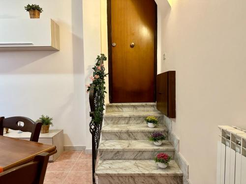 a staircase leading to a door with potted plants at A Casa di Anto - 90 mq con parcheggio interno Animal friendly in Infernetto